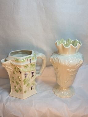 Vintage Belleek Rathmore Vase And Bacchus Grapevine Pitcher 3rd Green Mark
